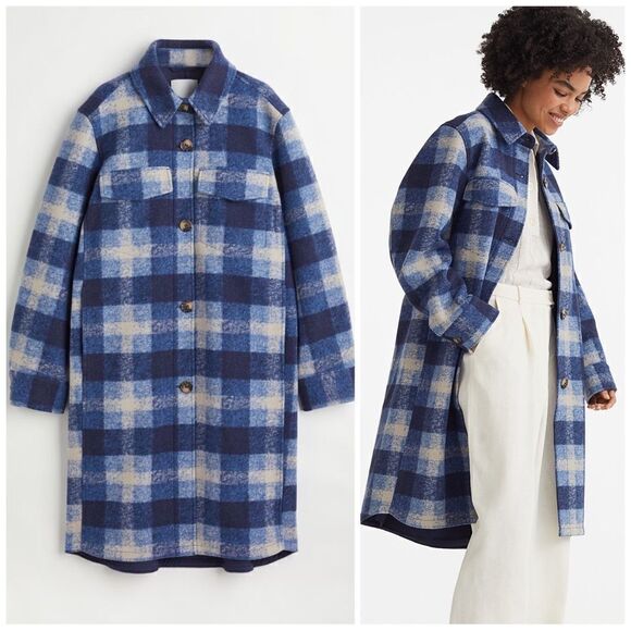 H&M Coat Shacket Long Jacket Plaid New - Picture 1 of 11